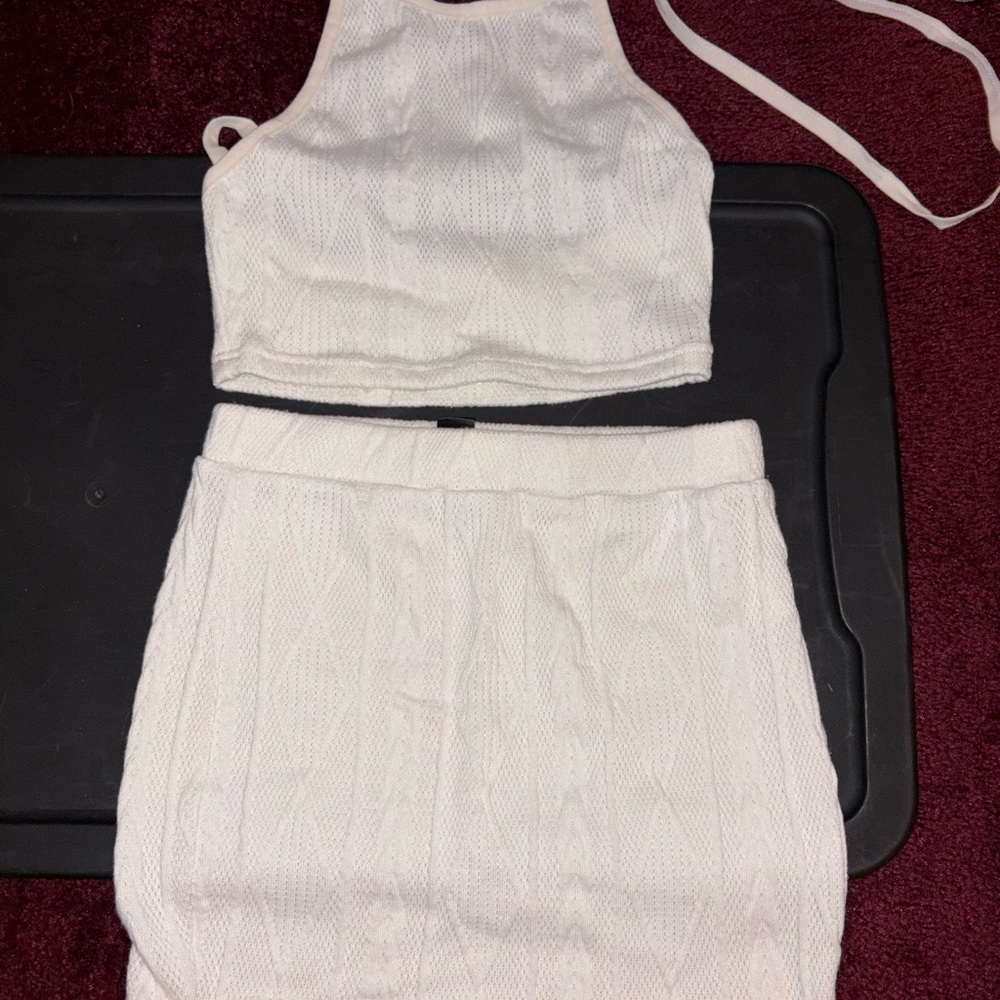 White Knit Crop Top and Skirt Set